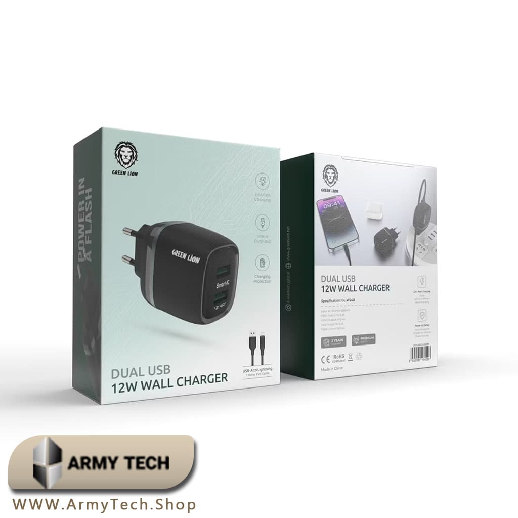 شارژر دیواری دو پورت USB به آیفون گرین لاین 12W Green Lion Dual USB Wall Charger 2