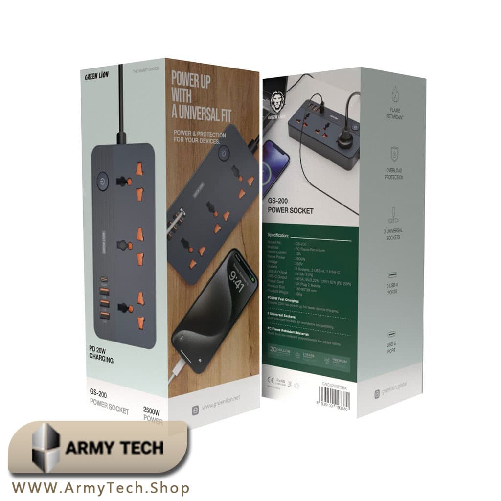 چندراهی برق گرین لاین مدل Green Lion GS-200 با خروجی PD و شارژ سریع 2