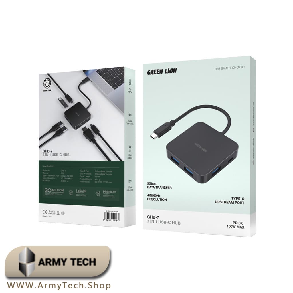 هاب USB-C گرین لاین Green Lion مدل GHB-7 7-in-1، 4K@60Hz، PD 100W 2
