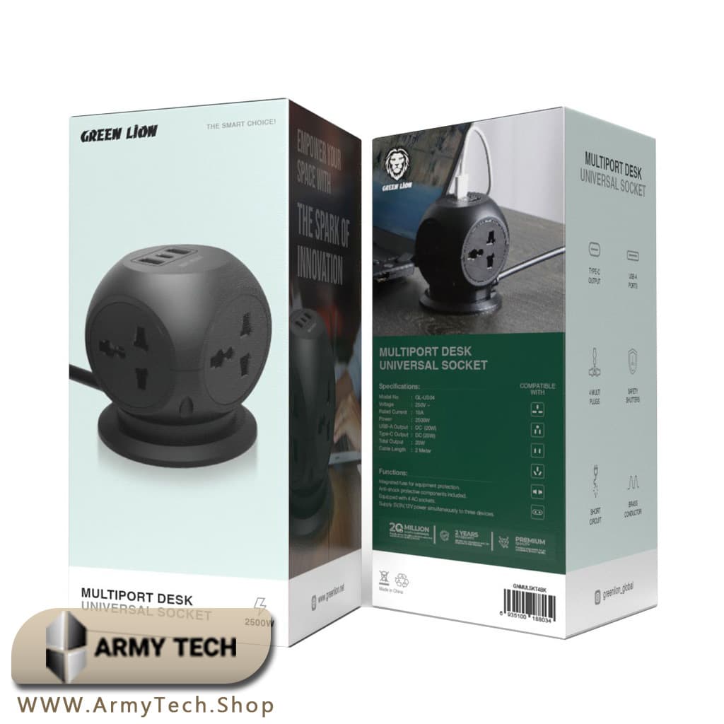 چندراهی رومیزی Green Lion مدل GL-US04 پریز یونیورسال و USB-C 20W 2