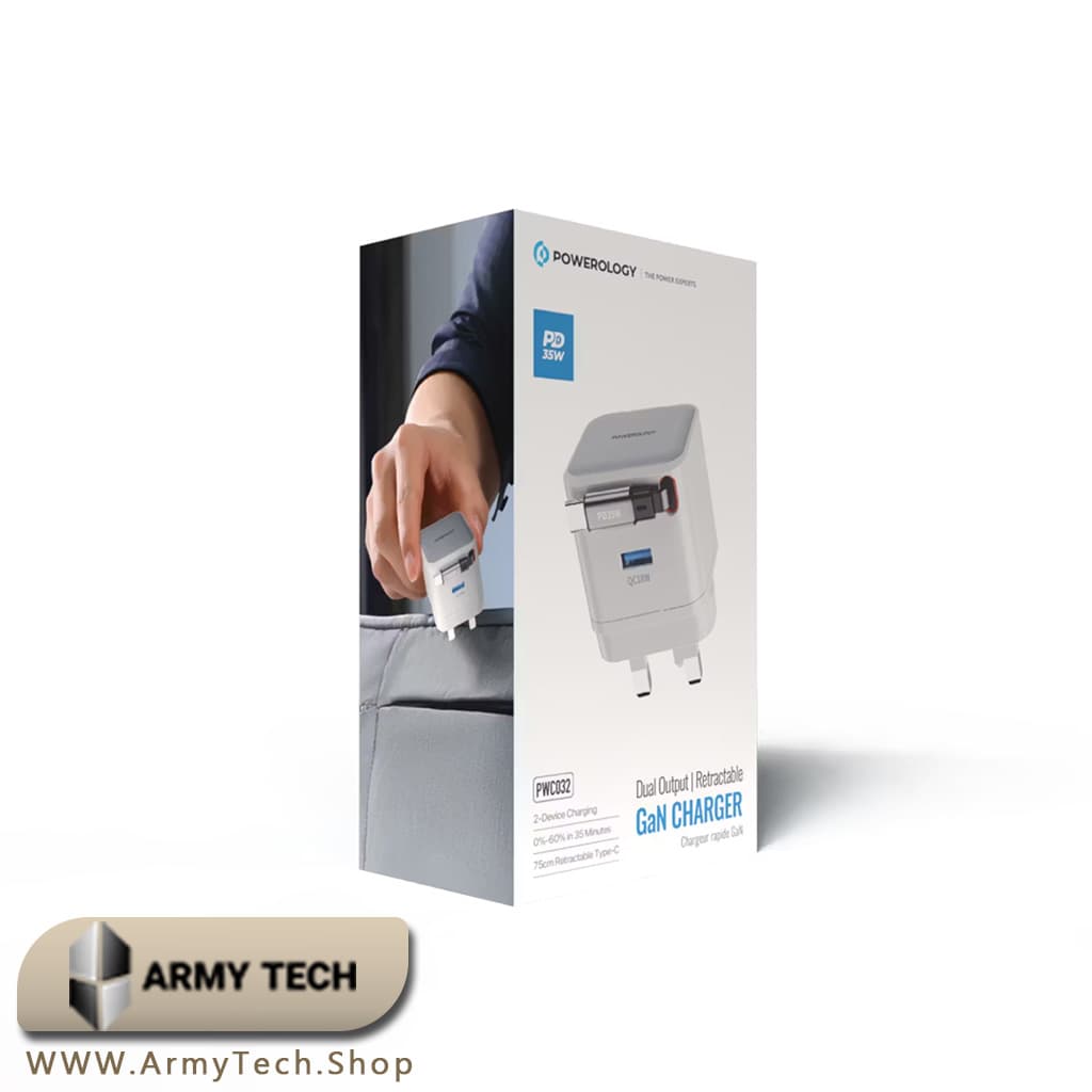 شارژر دیواری پاورولوجی PWC032 GaN 35W Dual Output + کابل جمع‌شونده Type-C 75cm 2