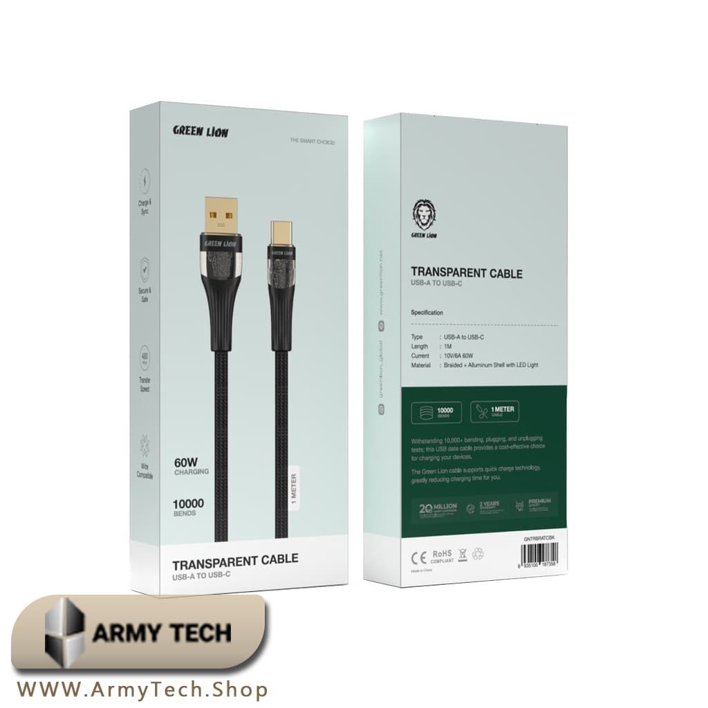 کابل USB-A به USB-C Green Lion مدل Transparent/Braided 1m 60W 2