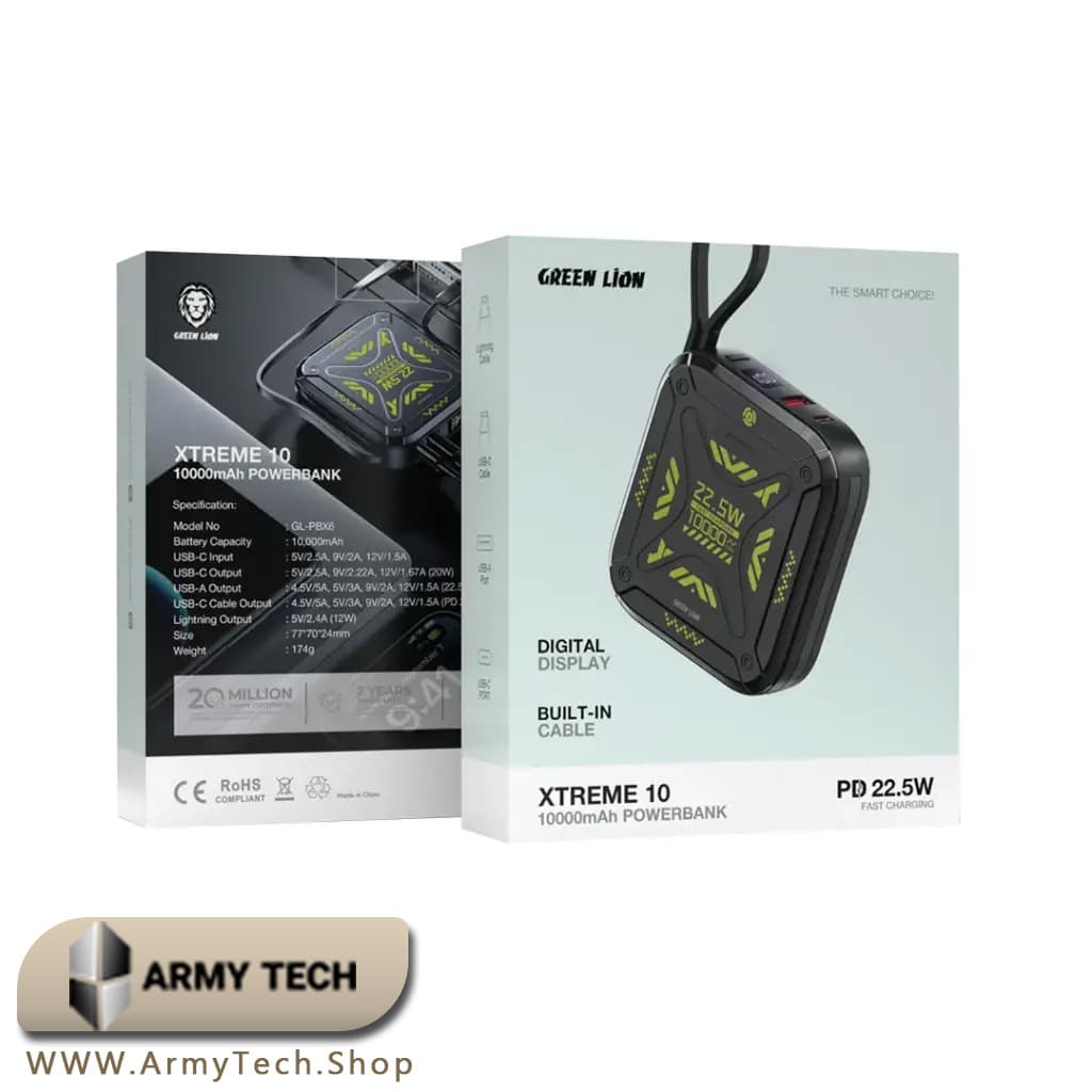 پاوربانک Green Lion مدل Xtreme 10 ظرفیت 10000mAh PD/QC تا 22.5W و کابل داخلی 3