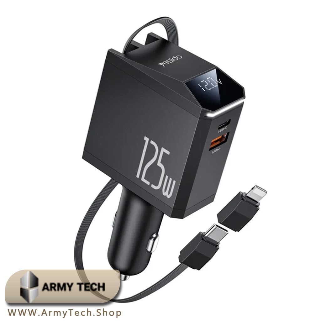 شارژر فندکی 4in1 یسیدو Y71 125W، کابل جمعشونده USB-C 65W + USB-C 30W + USB-A، PPS