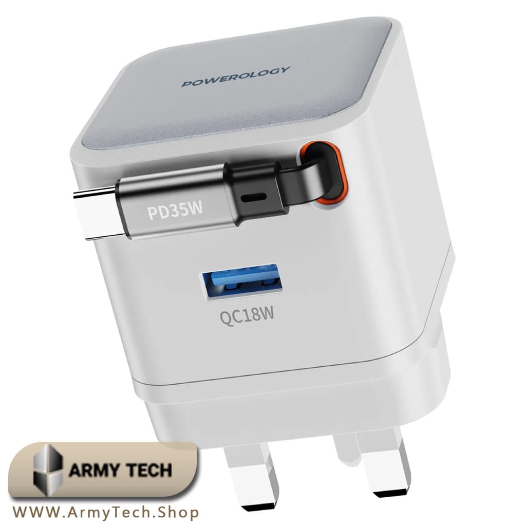 شارژر دیواری پاورولوجی PWC032 GaN 35W Dual Output + کابل جمعشونده Type-C 75cm